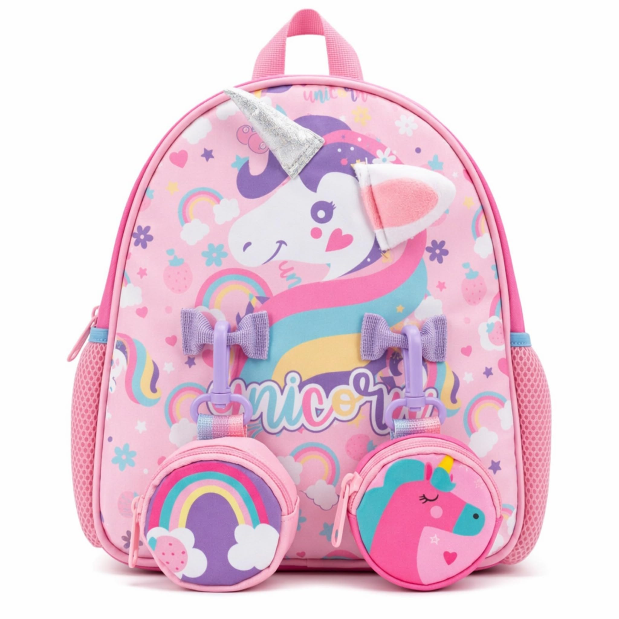 Unicorn Backpack for Girls Toddler | Cute 3D Ears & Horn, Rainbow Design with 2 Mini Coin Pouches, Mesh Side Pockets | Preschool Bag, 10 Inch, Ages 2-6-image-48