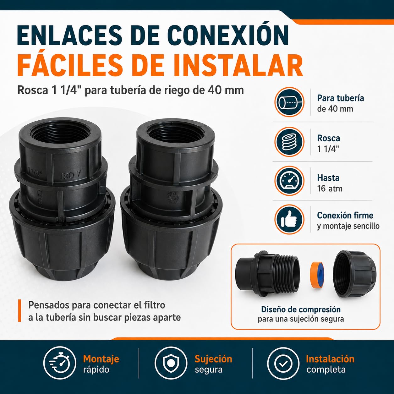 Contador de Agua para Riego Homologado Emeñe 1 1/4” con Enlaces PE 40 mm | Kit completo con 2 enlaces, juntas y teflón. Cuerpo plástico anticorrosión y acceso por QR a la documentación del fabricante.