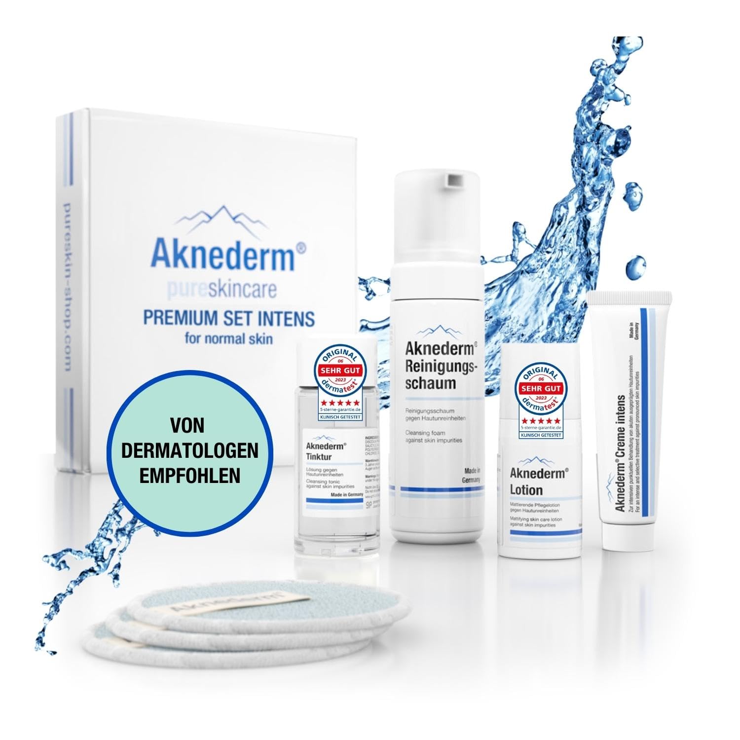 aknederm Premium Set intens für normale Haut - Set mit Tinktur/Reinigungsschaum/Lotion/Creme intens & Reinigungspads - natürliches Skincare Set - ideal zur Akne Behandlung 230ml