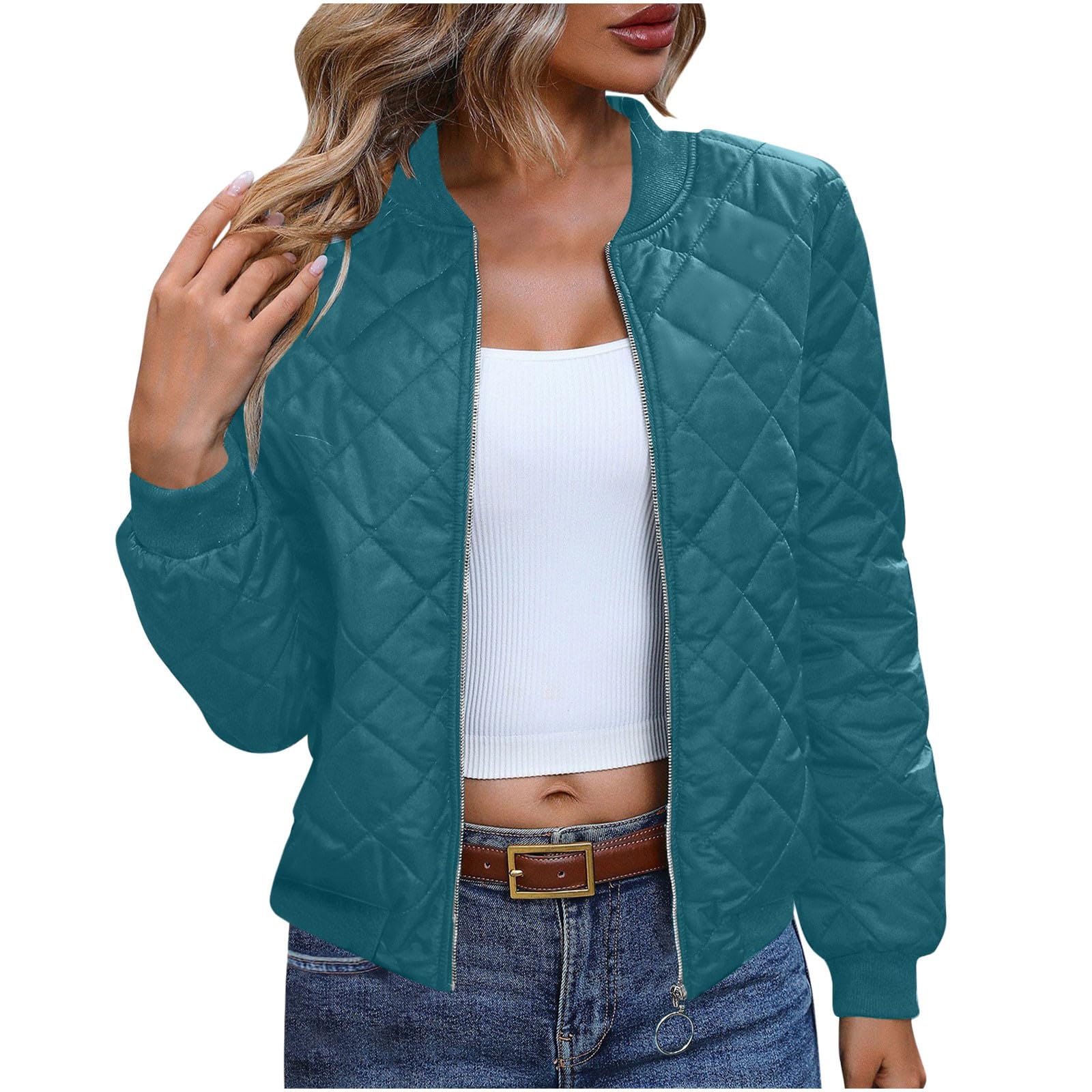 Puffer Bomber Jackets For Women Uk - Quilted Lightweight Coats, Solid Color Loose Fit Padded, Long Sleeve V Neck Zipper Pullover Top, Pockets, Open Front Cardigan, Y2k Club Party Outwear Walking