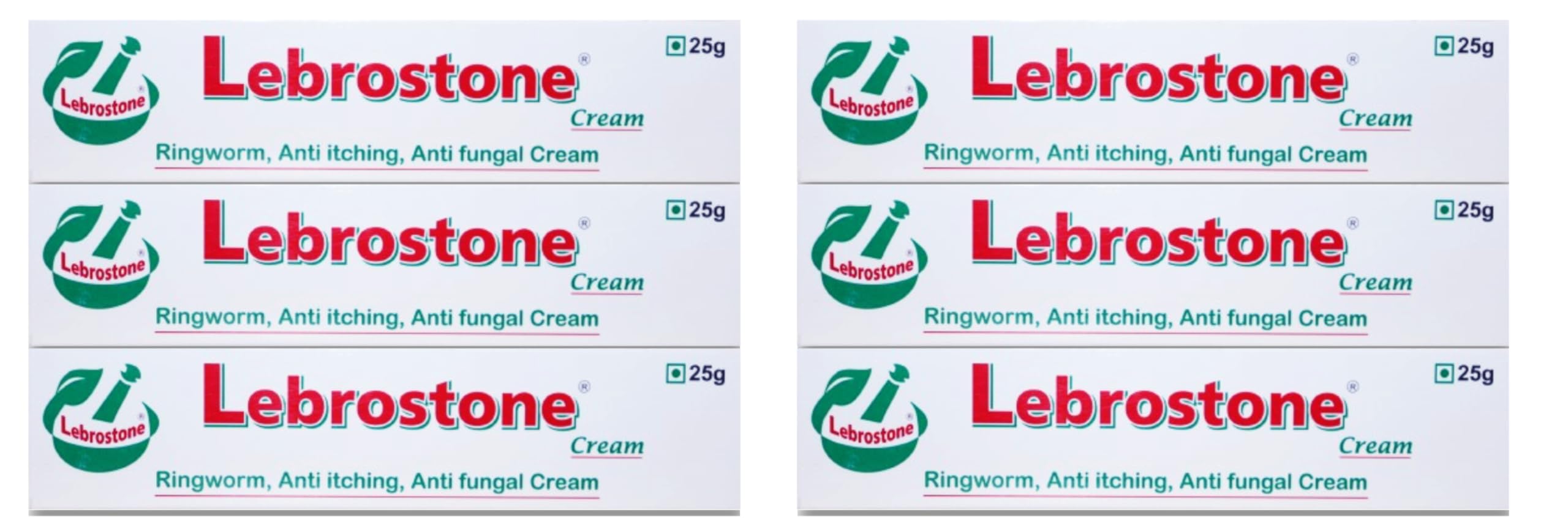 Lebrostone Cream Ayurvedic Treatment for Ringworm, Anti Itching, & Anti Fungal Infections (25 (Gram) Pack of 6, 150, gram)