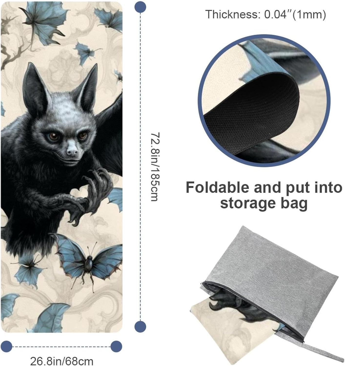 Yoga Towel, Bat Pattern Non Slip Sweat Absorbent Hot Yoga Mat Towel for Hot Yoga, Pilates and Fitness - 72.8" x 26.8"