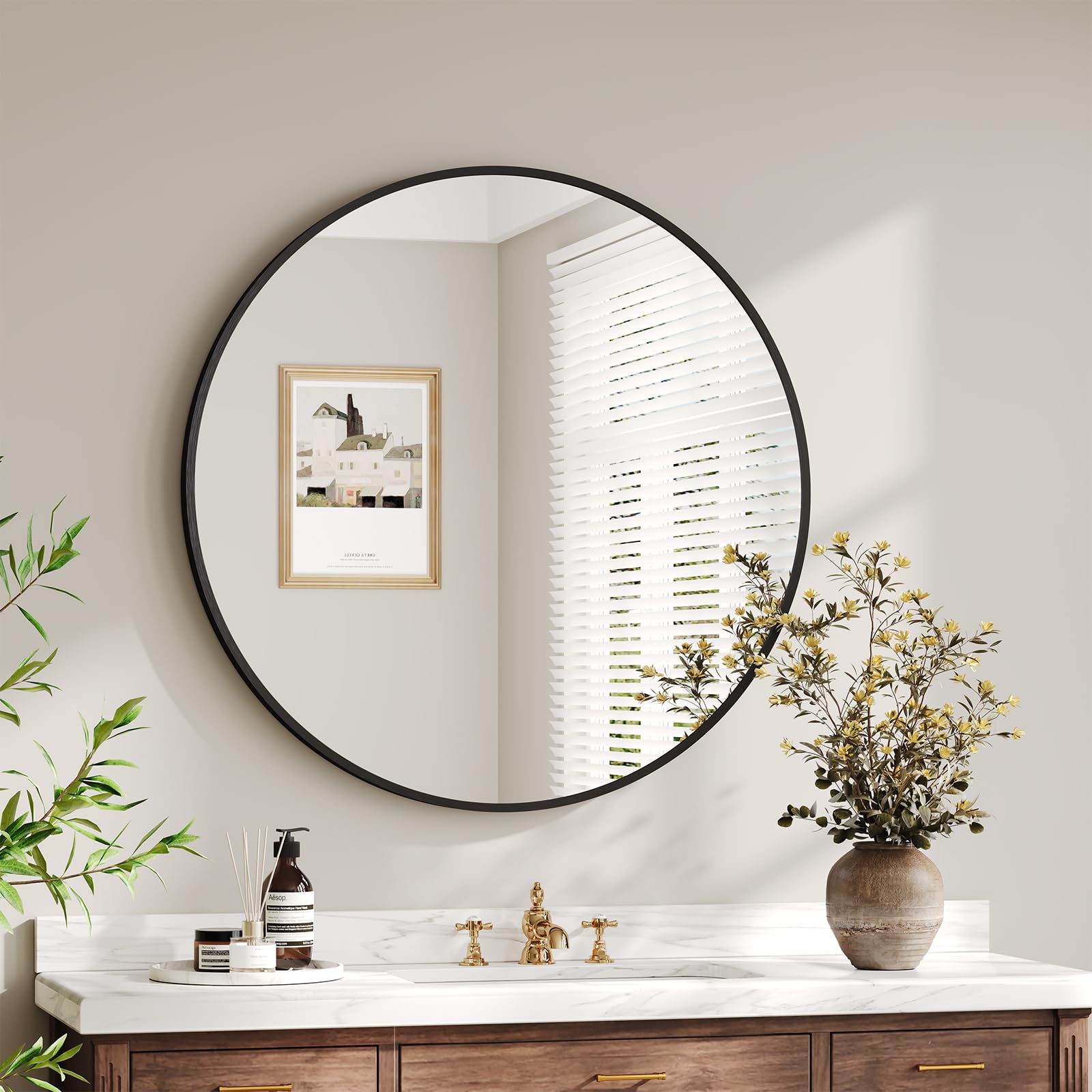 Dripex 60cm Round Mirror, Circle Hanging Wall Mirror - Home Decorative Wall Mounted Vanity Mirror for Bathroom, Dressing Room & Living Room, Black — image 1