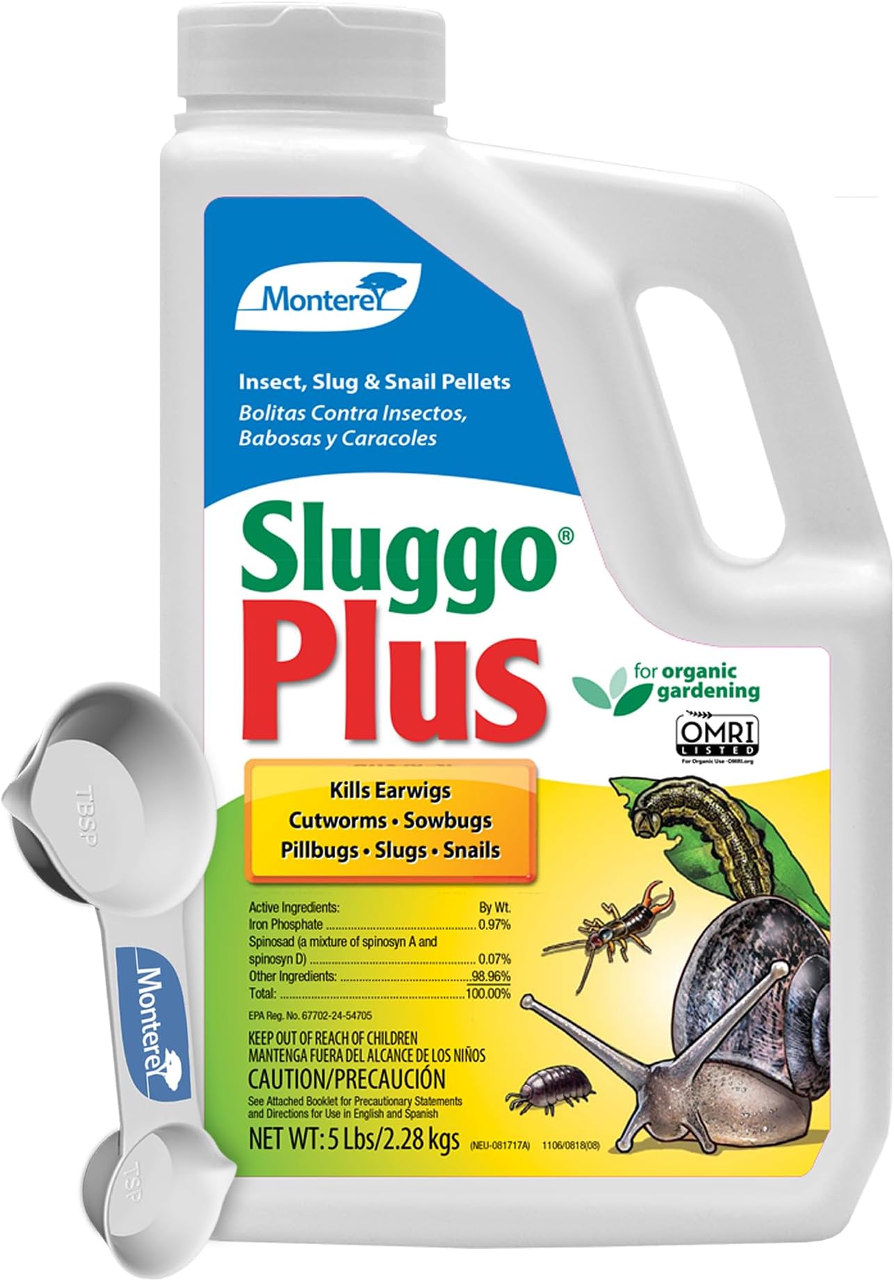 - Monterey Sluggo Plus Bundled with Measuring Spoon - Snail & Slug Killer, Plus Controls Other Insects, OMRI Listed for Organic Gardening - 5 lb jug