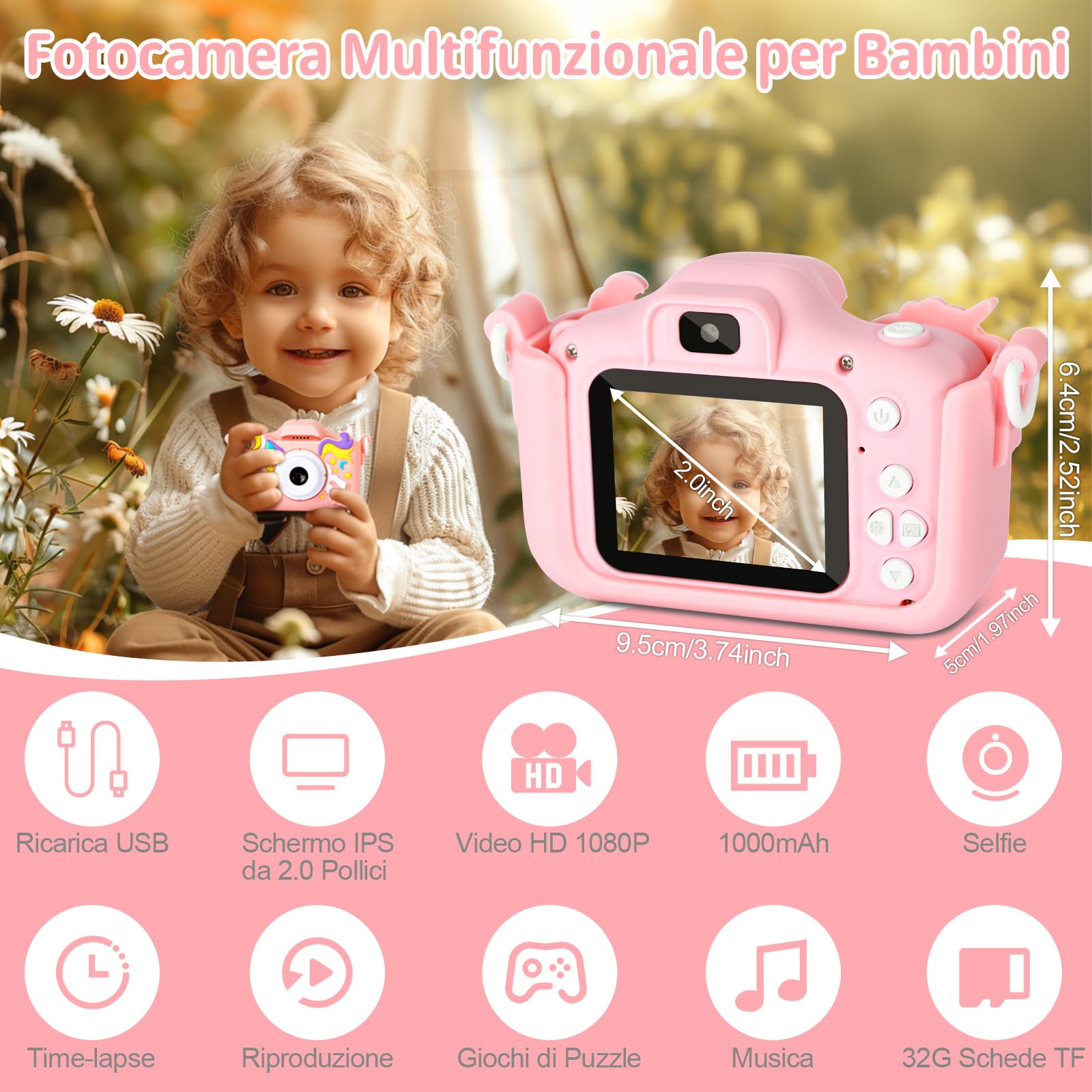 Macchina Fotografica Bambini, 2.0 Pollici Schermo Fotocamera Bambini, 1080P Ricaricabile Fotocamera Digitale con Scheda 32GB, Regali Giocattolo di Natale & Compleanno per Ragazze Ragazzi