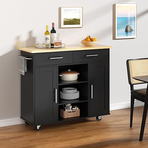 Miniatura 105 de Shintenchi Carrito de isla de cocina con almacenamiento, mesa auxiliar de isla de cocina con ruedas con encimera, armario de almacenamiento de una