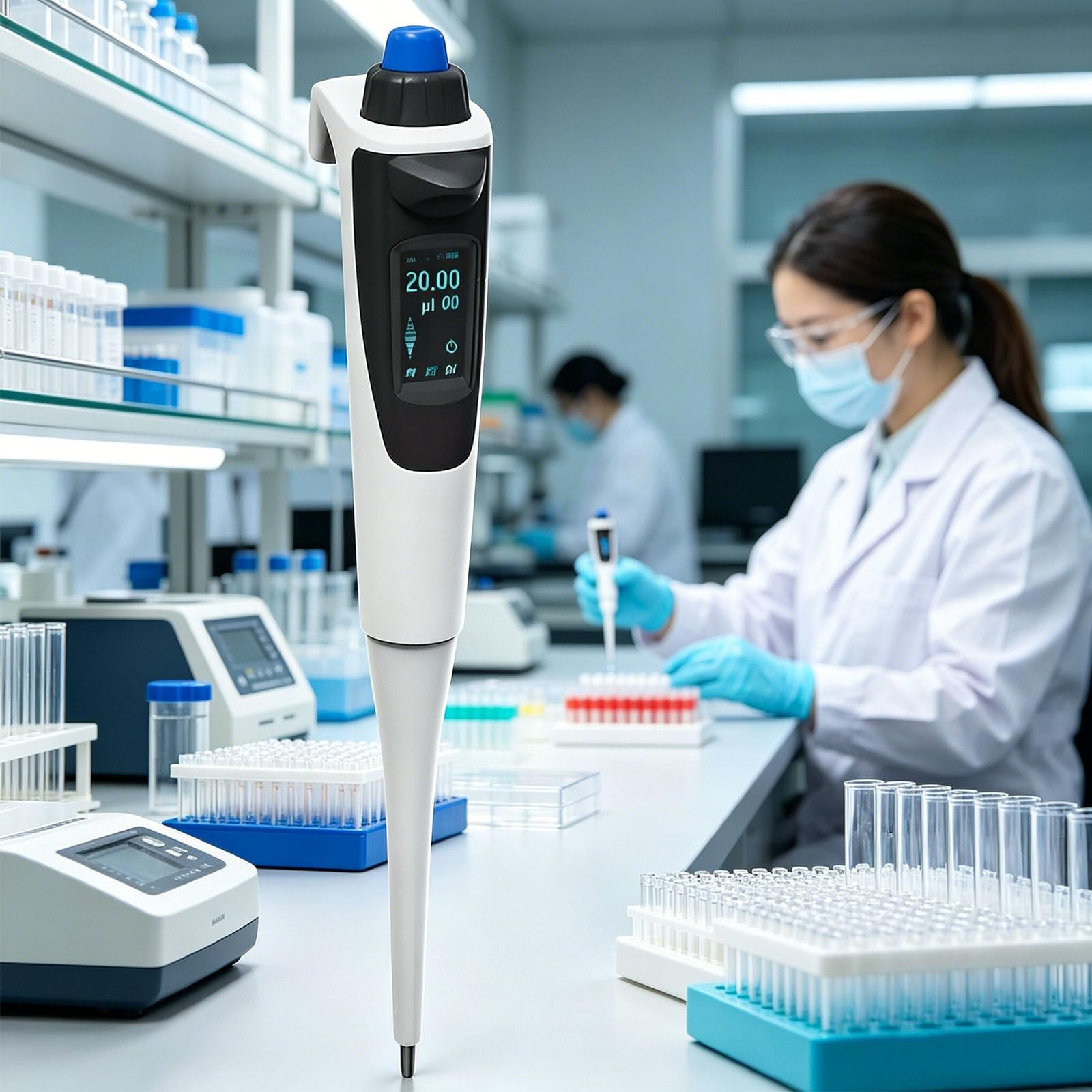 Pipeta Laboratoryjna Elektryczna Jednokanałowa,Pipeta Laboratoryjna Regulowana,Objętość Regulowana Od 5 Do 50 µl – Ergonomiczna Mikropipeta Z Diodą LED,Uniwersalne Końcówki Pipet 100to1000μL