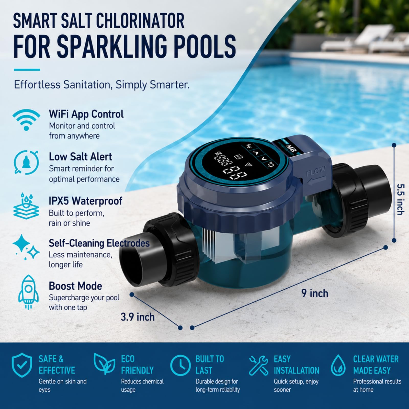 Sistema inteligente de clorador de piscina de agua salada, generador automatizado de cloro salado con control por aplicación, celda de titanio, operación con un solo toque y bajo mantenimiento, para