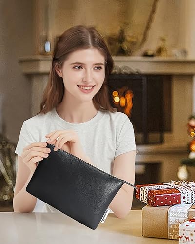 Miniatura 6 de Narwey Bolsa grande de cuero vegano para maquillaje de viaje, mini bolsa de cosméticos con cremallera para mujeres y niñas, A-Negro
