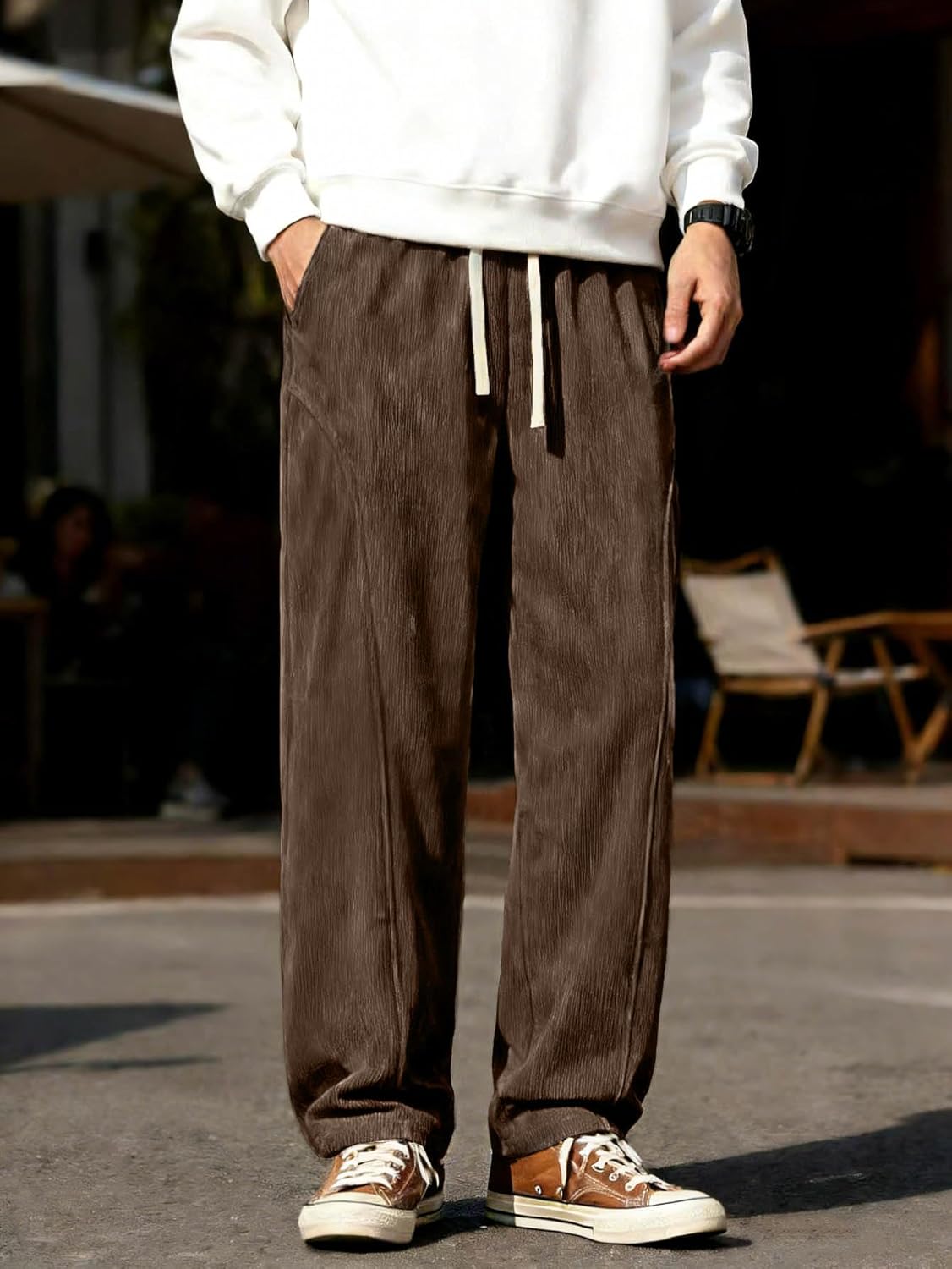 Men's Corduroy Wide Leg Fashion Casual Pants Loose Fit Baggy Straight Sweatpants Elastic Waist Drawstring - Image 3