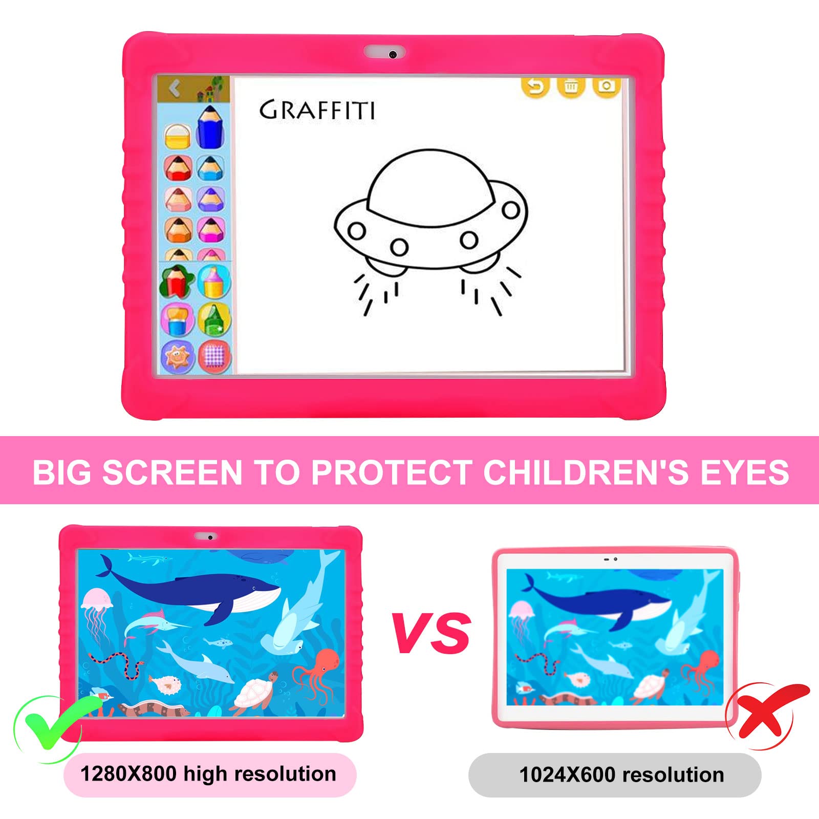 Touch Kids Tablet Pro Kid Tablet Pad tablet edukacyjny dla dzieci, 1 GB + 16 GB, Android 8.1, ekran dotykowy IPS 10", Google Play, 16 GB SD, rysik, fabrycznie zainstalowany z etui ochronnym (różowy)