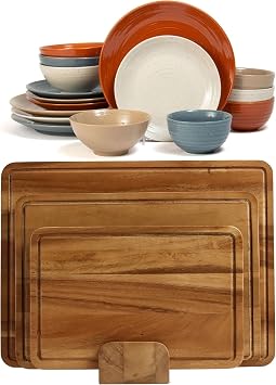 Sango Siterra Painters Palette 16-Piece Set and 4-Piece Cutting Board Set with Grooves and Stand