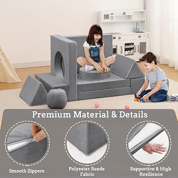 12Pcs Kids Sofa, Modular Kids Play Couch, Fold Out Kids Play Sofa Set with Balls & Tunnel, Children Convertible Sofa Soft Foam Child Sectional for Playroom Playing Sleeping Creating