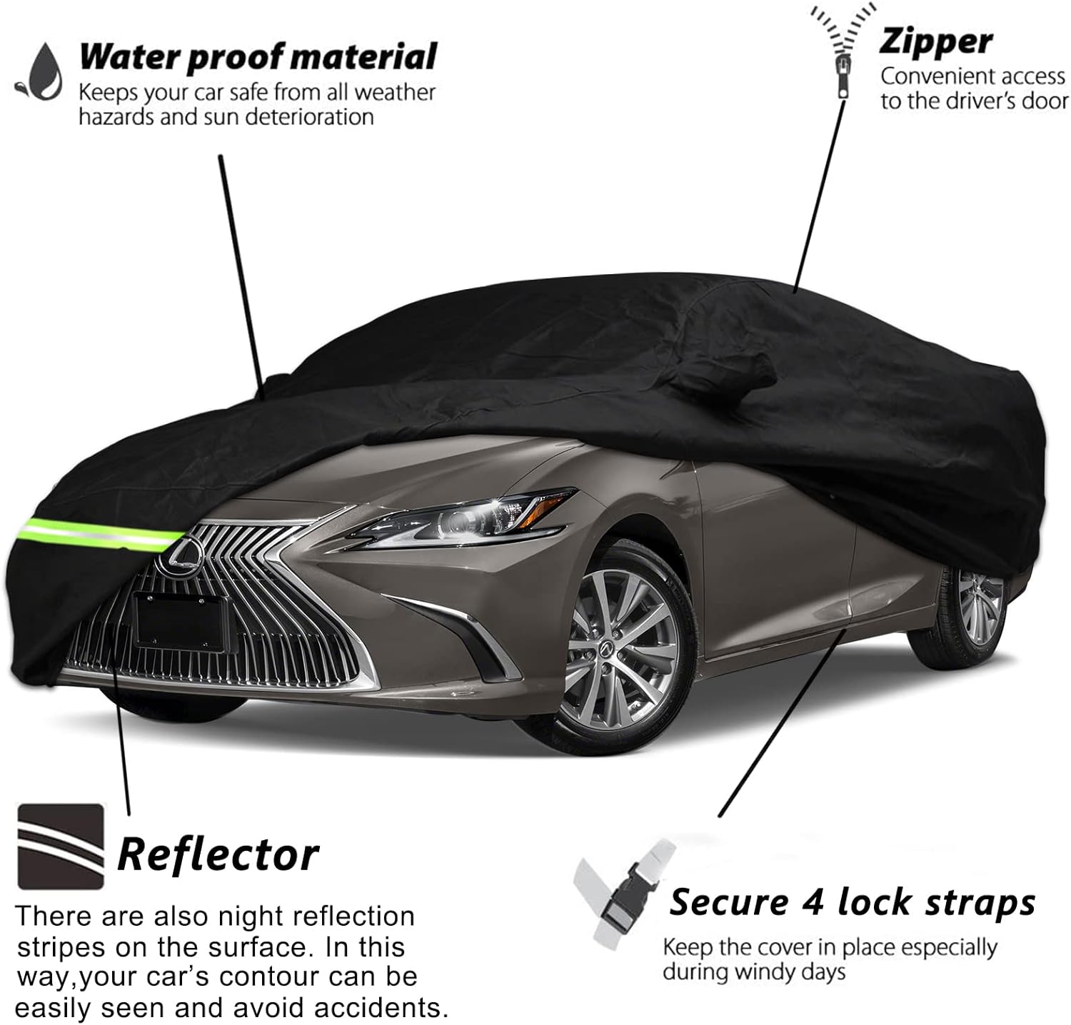 YIXIN Waterproof Car Cover for 2012-2026 Lexus ES ES300 ES330 ES350 ES300h Car Cover Custom Fit 100% Waterproof Windproof Strap & Single Door Zipper Up to 198” L(Black-for Lexus ES car Cover)