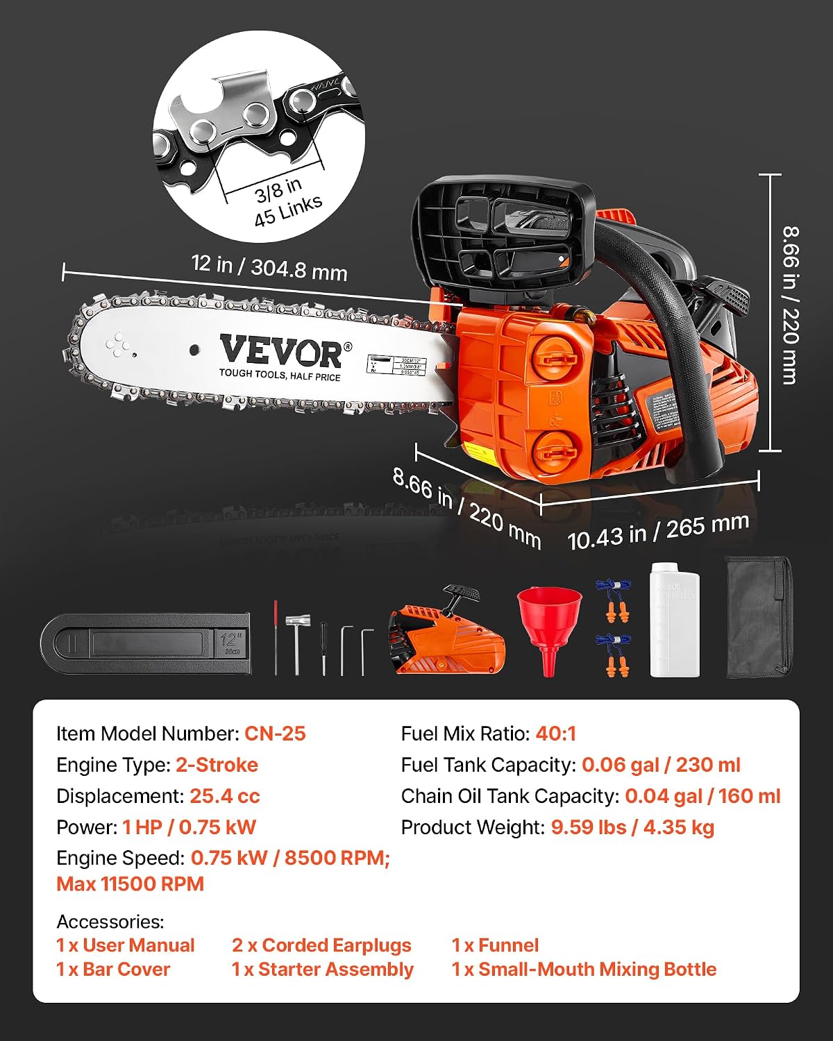VEVOR Gas Powered Chainsaw 12 Inch 25.4CC 1HP 2 Stroke Engine Gas photo 9