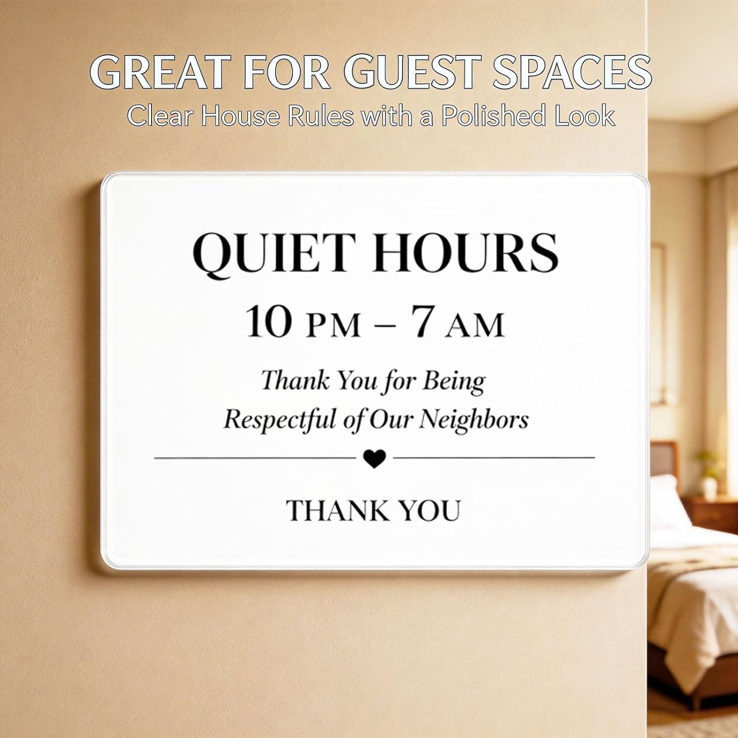 Quiet Hours Sign Acrylic: Modern Night Silence Reminder 1 Pc, 7x5" Self-Adhesive for Hotel Door Wall, Vacation Rental Guesthouse Bedroom Apartment Decor Notice Plaque
