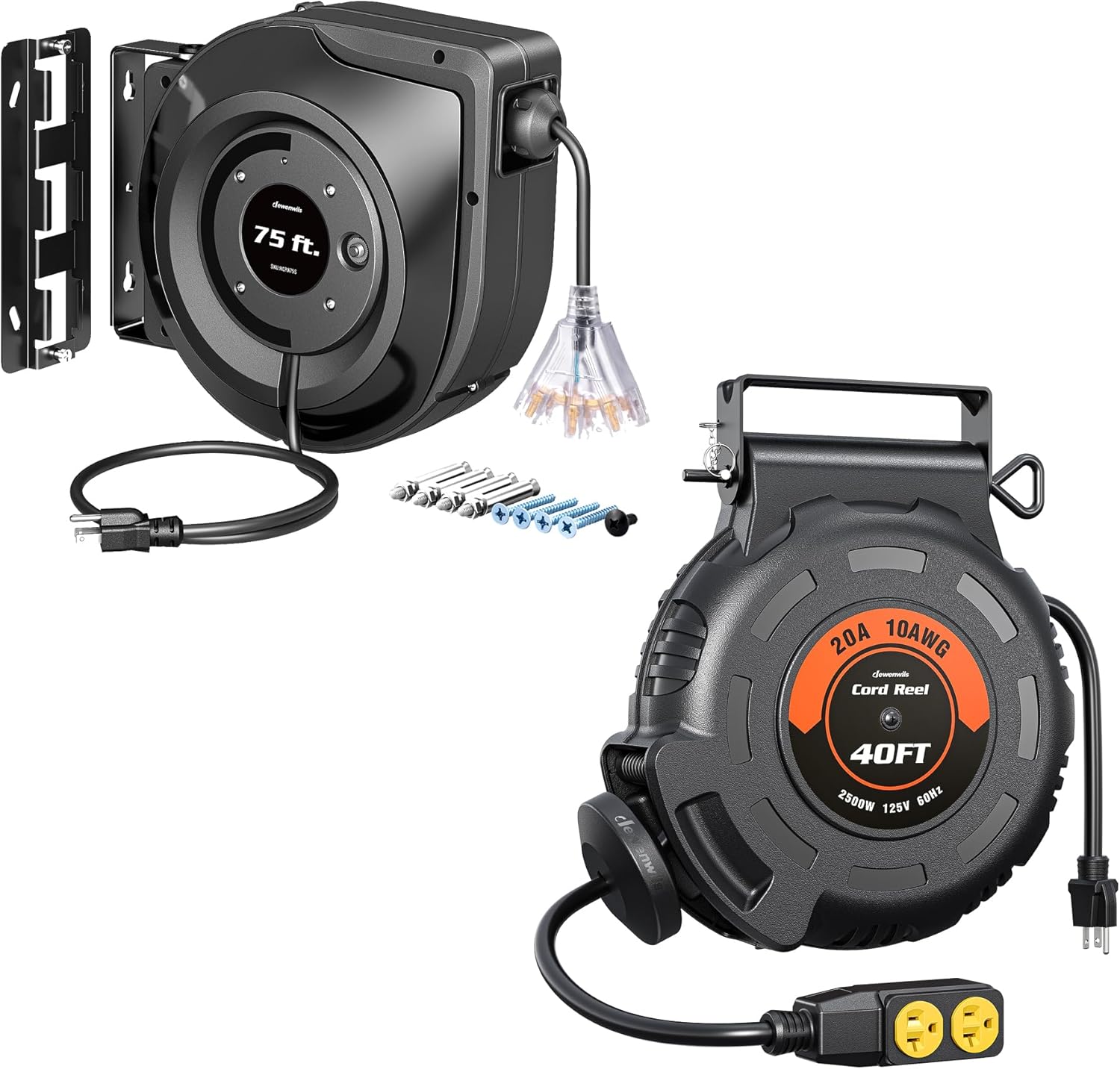 DEWENWILS Retractable Extension Cord Reel, 75 FT & 40 FT Heavy Duty Power Cord
