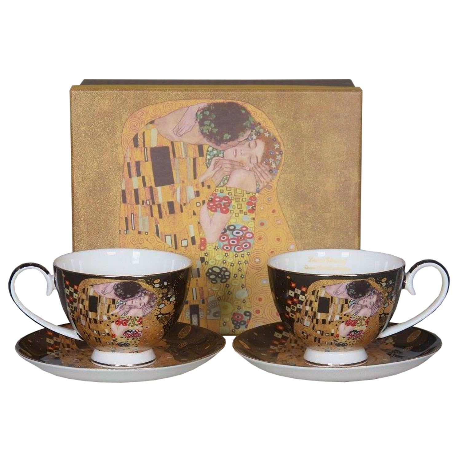 Set de 2 tasses en porcelaine Klimt The Kiss, 250 ml, porcelaine fine délicate | Boîte cadeau élégante | Motif artistique de Gustav Klimt avec boîte décorative pour les connaisseurs