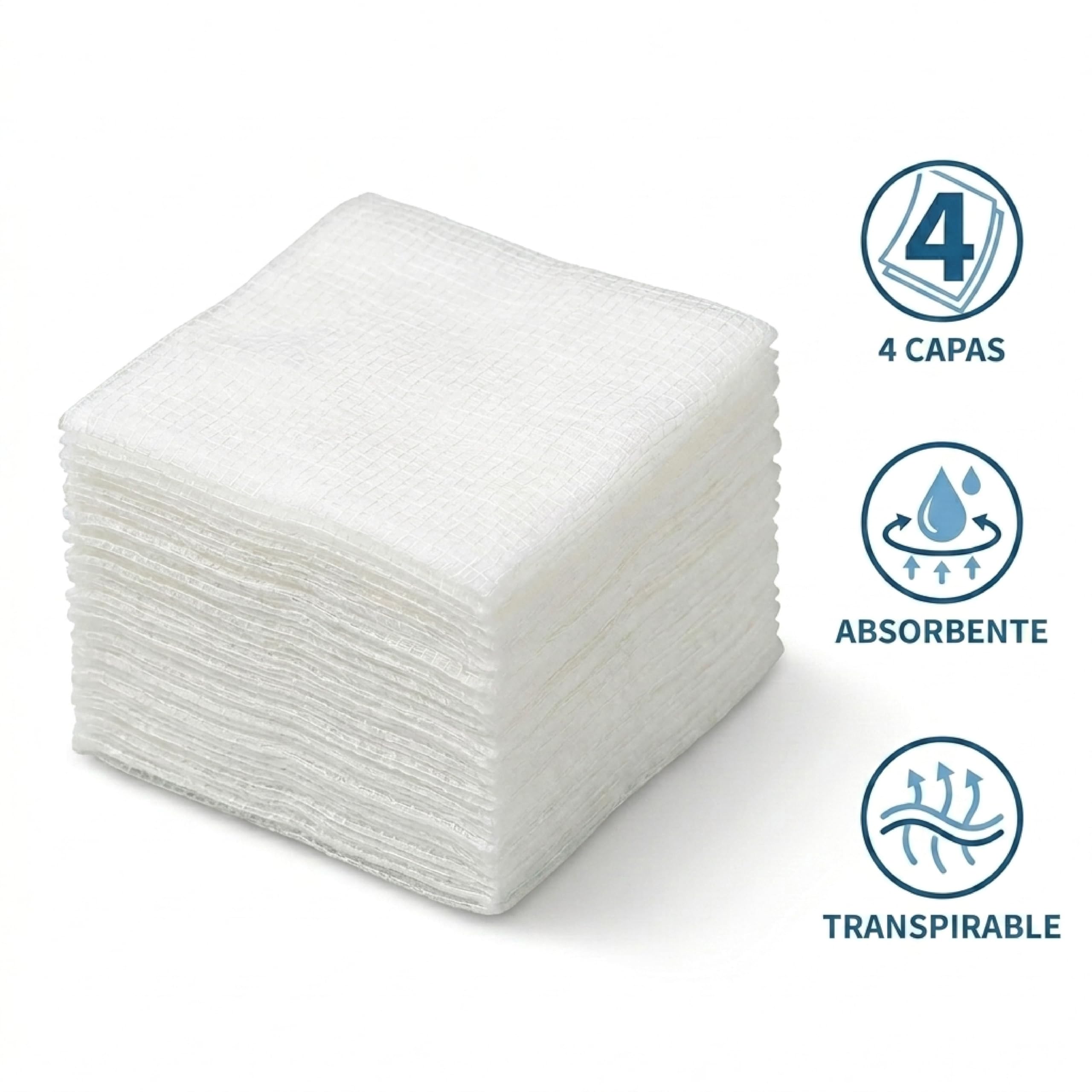 KMINA Gasas de Algodón (2500 Unidades) 13 Hilos 4 Capas 10 x 10 cm Plegadas Transpirables Alta Absorción Malla Indesmallable 100% Algodón