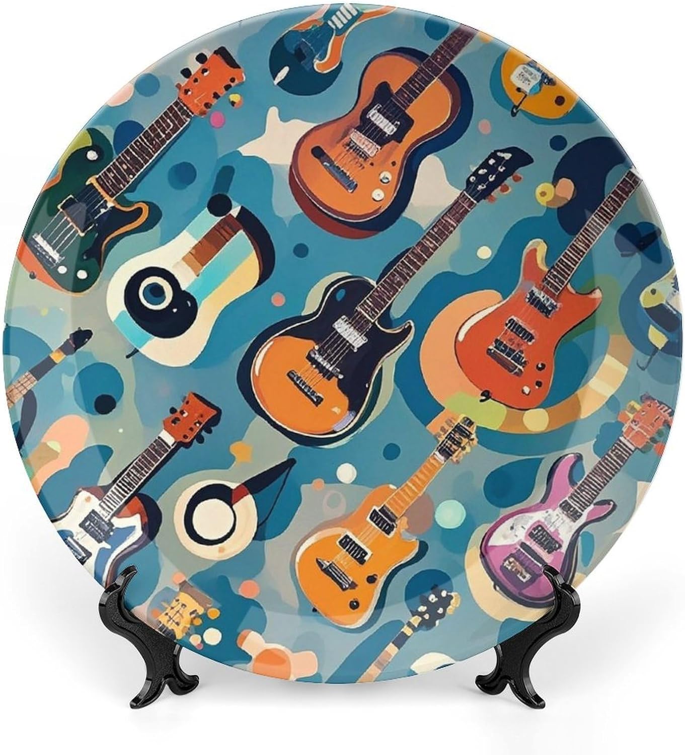 Rock Music Pattern Decorative Ceramic Plate Round Porcelain Plate Decor Personalized Bone China Decorative Plates Ceramic Ornaments Dessert Plates with Display Stand 10inch