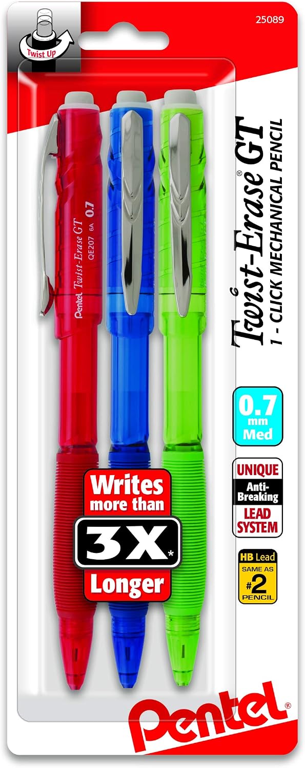 Pentel Twist-Erase GT (0.7mm) Mechanical Pencil, Assorted Barrel Colors, Color May Vary, Pack of 3 (QE207BP3M)