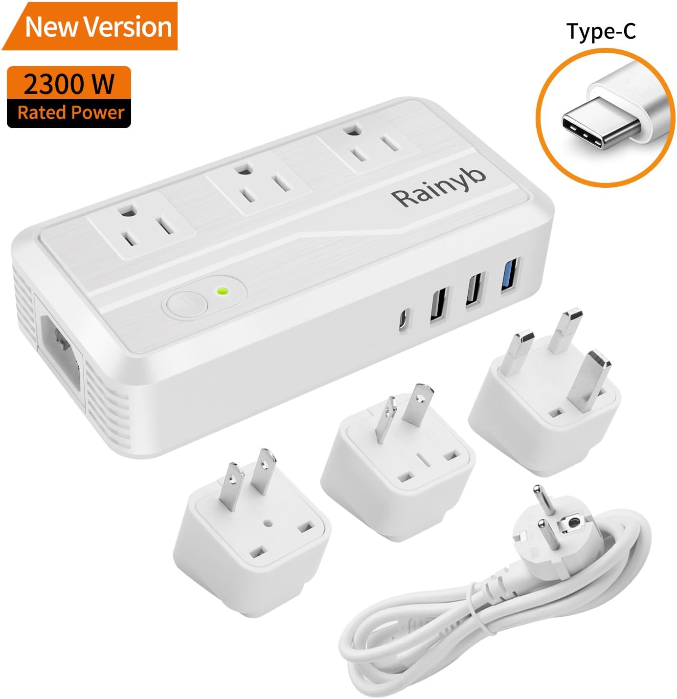 Universal Travel Adapter,Rainyb 2300W Power Converter 220v to 110v Voltage Converter with 3-Port USB Charging,Type-C and UK//US/EU Worldwide Plug Adapter,Converter for Hair Dryer (White)