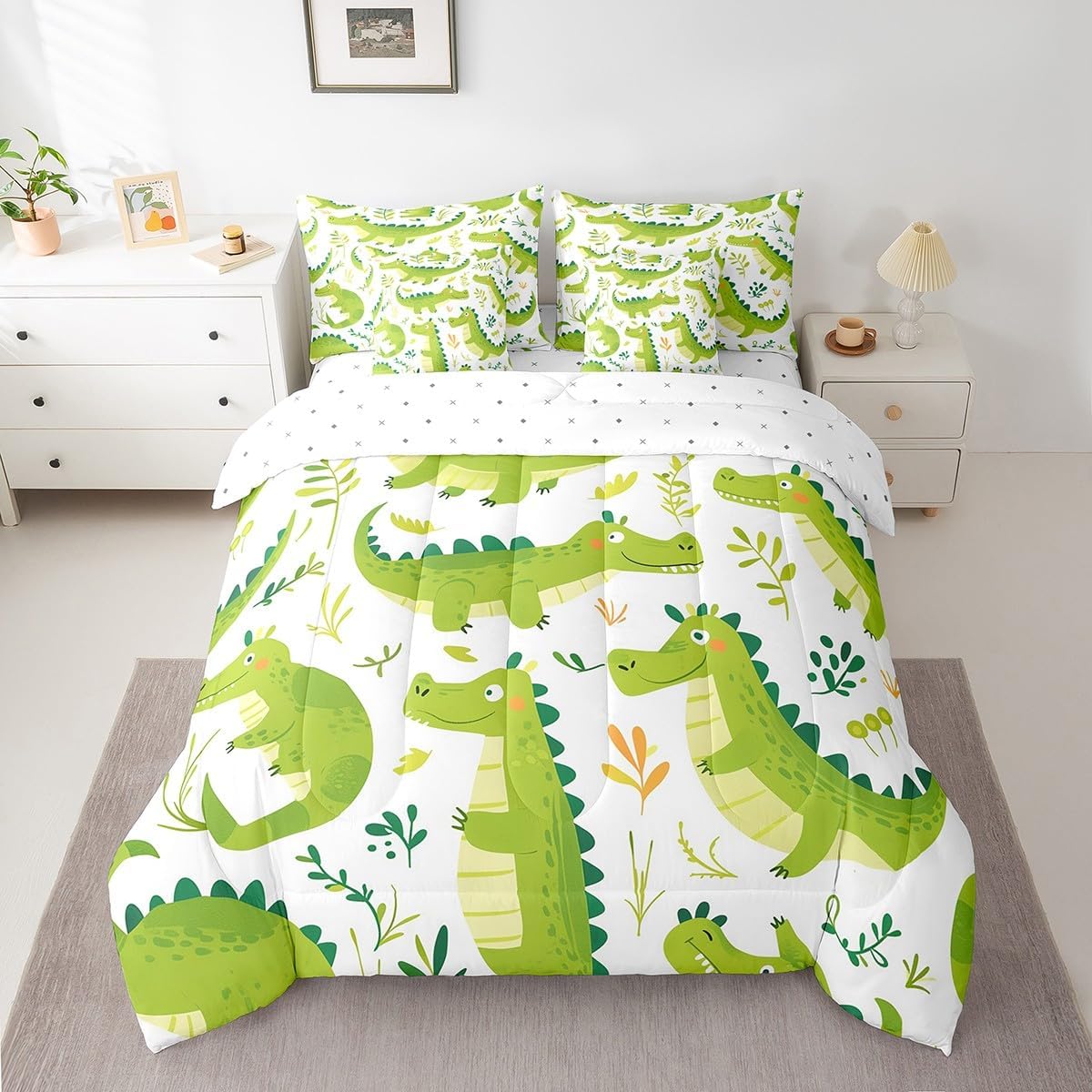 Erosebridal Cartoon Green Crocodile Comforter Set Twin 7 Piece Cute Animal Crocodile Bed in a Bag for Kids Boys Girls,Wildlife Safari Bedding Set with 2 Sheets,2 Pillowcases,2 Throw Pillow Covers