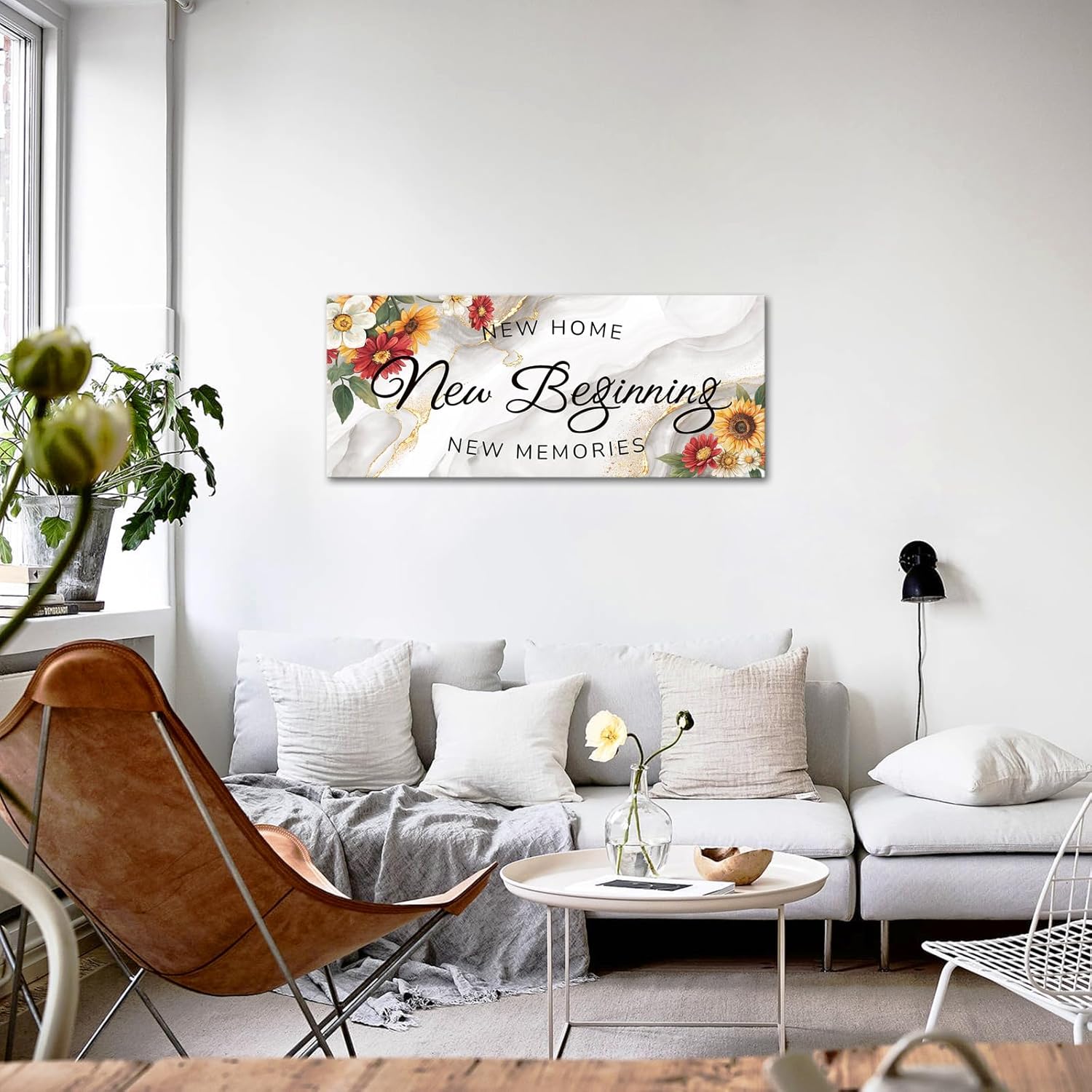 KREATIVE ARTS New Home New Beginning New Memories Canvas Wall Art 20x48" Floral Quote on Marble Giclee Prints Stretched on Wood Frame Ready to Hang Above Couch Decor