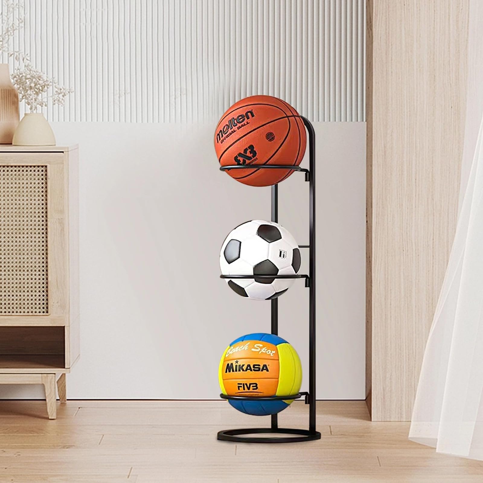 2-teiliges Basketball-Aufbewahrungsregal,Langlebiger 3-stufiger Aufbewahrungshalter For Würfelbälle,Abnehmbarer Garagen-Ball-Organizer,Bodenmontierter Sport-Ausstellungsständer For Volleyball, Fußball