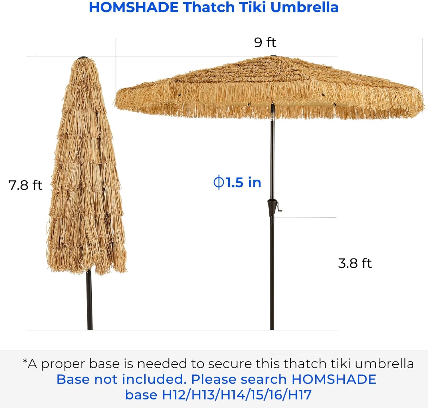 HOMSHADE 9ft Hula Thatched Hawaiian Style Tiki Umbrella with Crank & Tilt, UPF 50+ Nylon Thatch & 220GSM Polyester Canopy, 8 Heavy-Duty Steel Ribs for Outdoor, Patio, Beach, Pool, Backyard, Garden