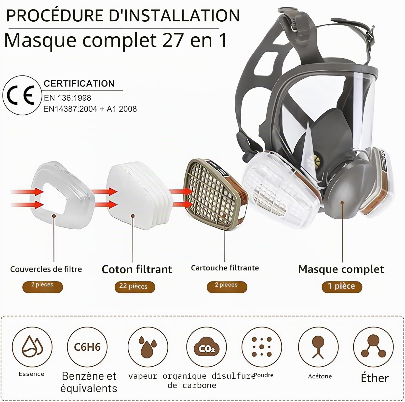 Masque respiratoire réutilisable complet pour le visage, masque à gaz, masque intégral avec filtre, masque industriel anti-poussière pour pulvérisation, ponçage, peinture, polissage, soudage avec 22