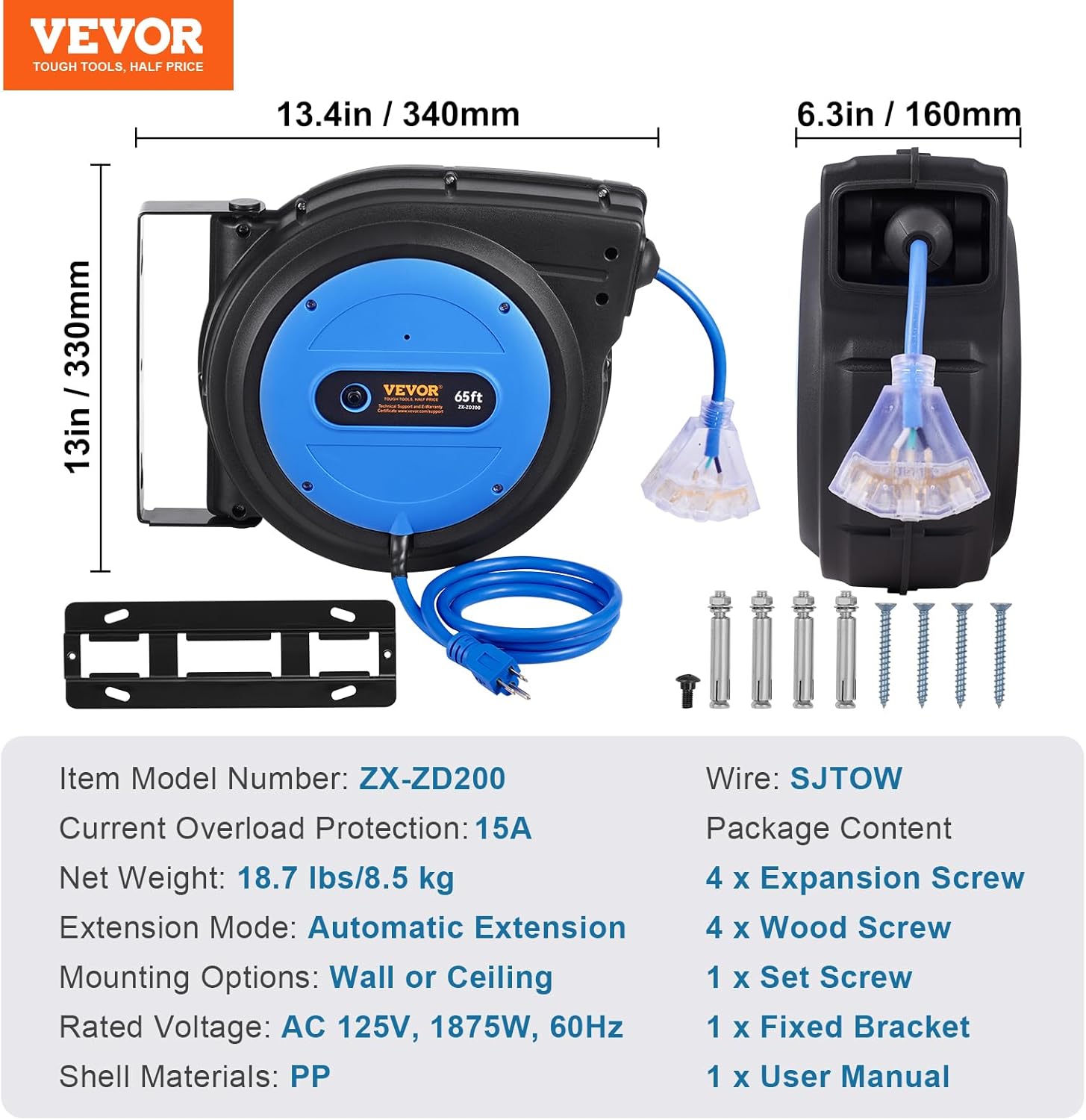 VEVOR 65FT Retractable Extension Cord Reel, 12AWG/3C SJTOW Heavy Duty Power Cord w/Lighted Electrical Triple Tap Outlets, 15A Circuit Breaker,180° Swivel Bracket for Workshop or Garage, Blue
