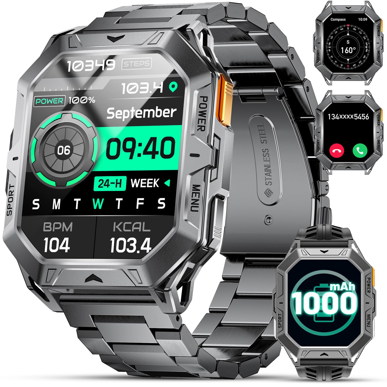 orologio uomo con batteria 1000mAh 50 giorni schermo AMOLED 2,13 pollici waterproof 10ATM chiamate Bluetooth compasso/contapassi/tasso cardiaco 100+ modalità sportive smartwatch Android iOS