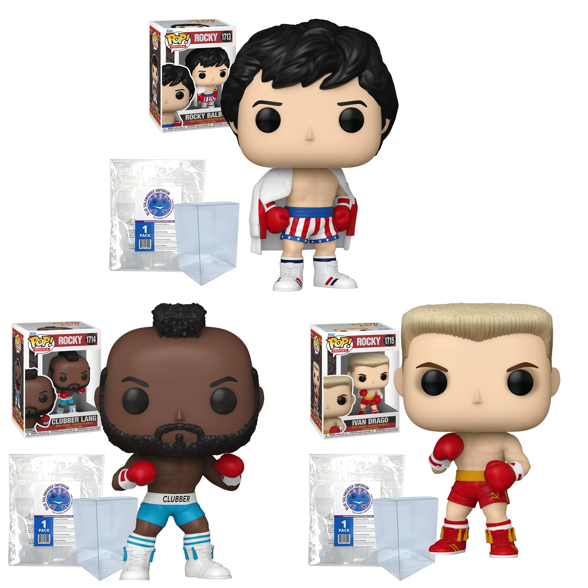 Blue Salamander Emporium Set of 3 Plastic Protector Cases Bundle – Includes: Rocky Balboa #1713, Clubber Lang #1714, Ivan Drago #1715 Vinyl Figures