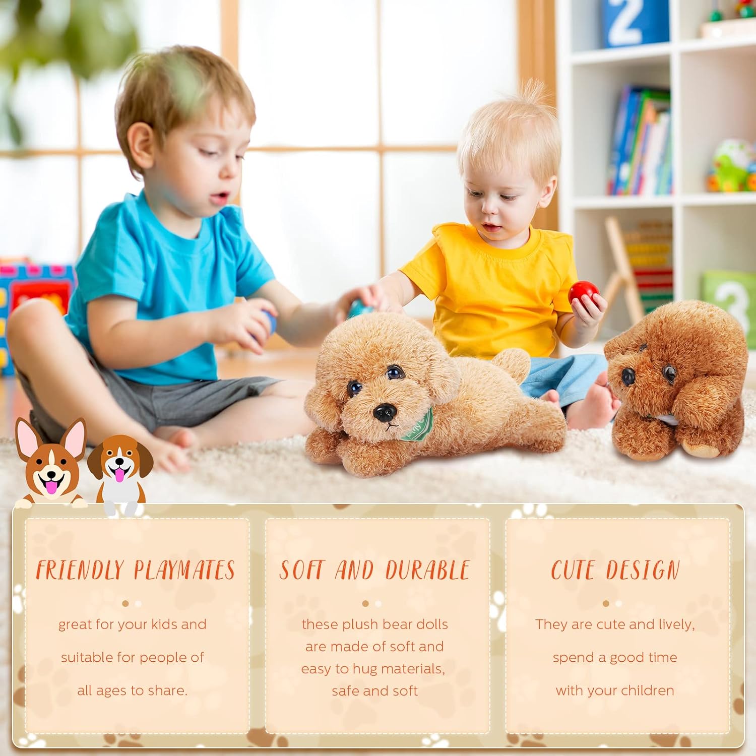Skylety 2 Pcs Plush Stuffed Golden Doodle Dog Plush Animals Soft Toy Stuffed Puppy Adorable Toys for Preschool Birthday Party Supplies(10.6 Inch,Teddy Dog)