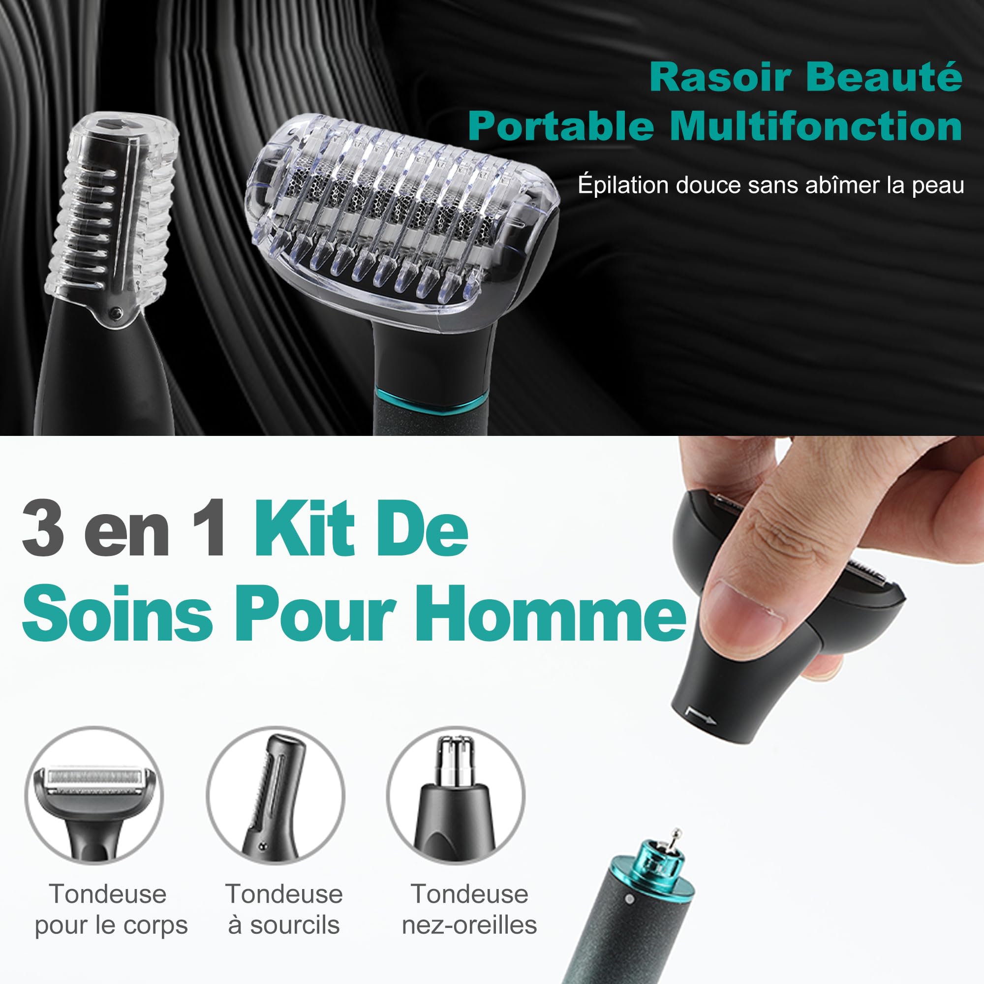 VGR 625 3 en 1 Tondeuse Partie Intime Homme, Rasoir Nez Homme Sans Fil | Tondeuse Multifonction Convient avec Base pour La Poitrine, Jambes, Aisselles, Le Nez et Le Visage, Étanche IPX5, Vert