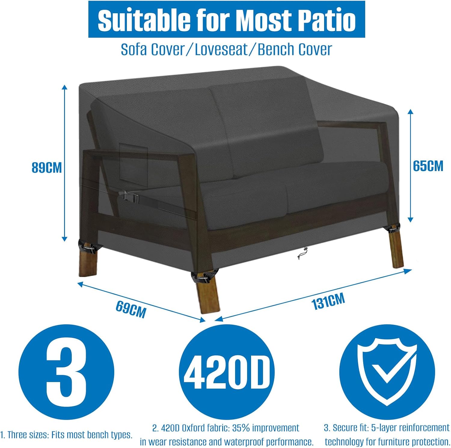 SIRUITON 2-Seat Garden Patio Sofa/Loveseat/Bench Cover 51" W x 27" D x 35" H,Heavy Duty 420D Oxford Waterproof Outdoor Sofa Cover, Lawn Patio Furniture Covers - Image 2