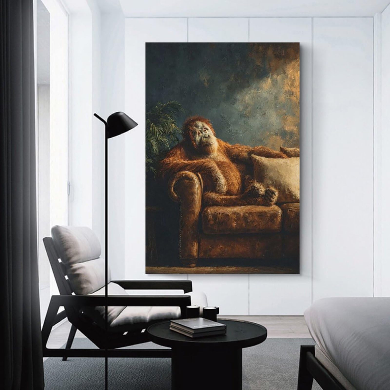 Junmoney Hanging Wall Art Orangutan Relaxing on A Couch, 20x30inch(50x75cm), for Work Areas, Reading Rooms Or Studios, Wall Art That Adds Style to Work Areas