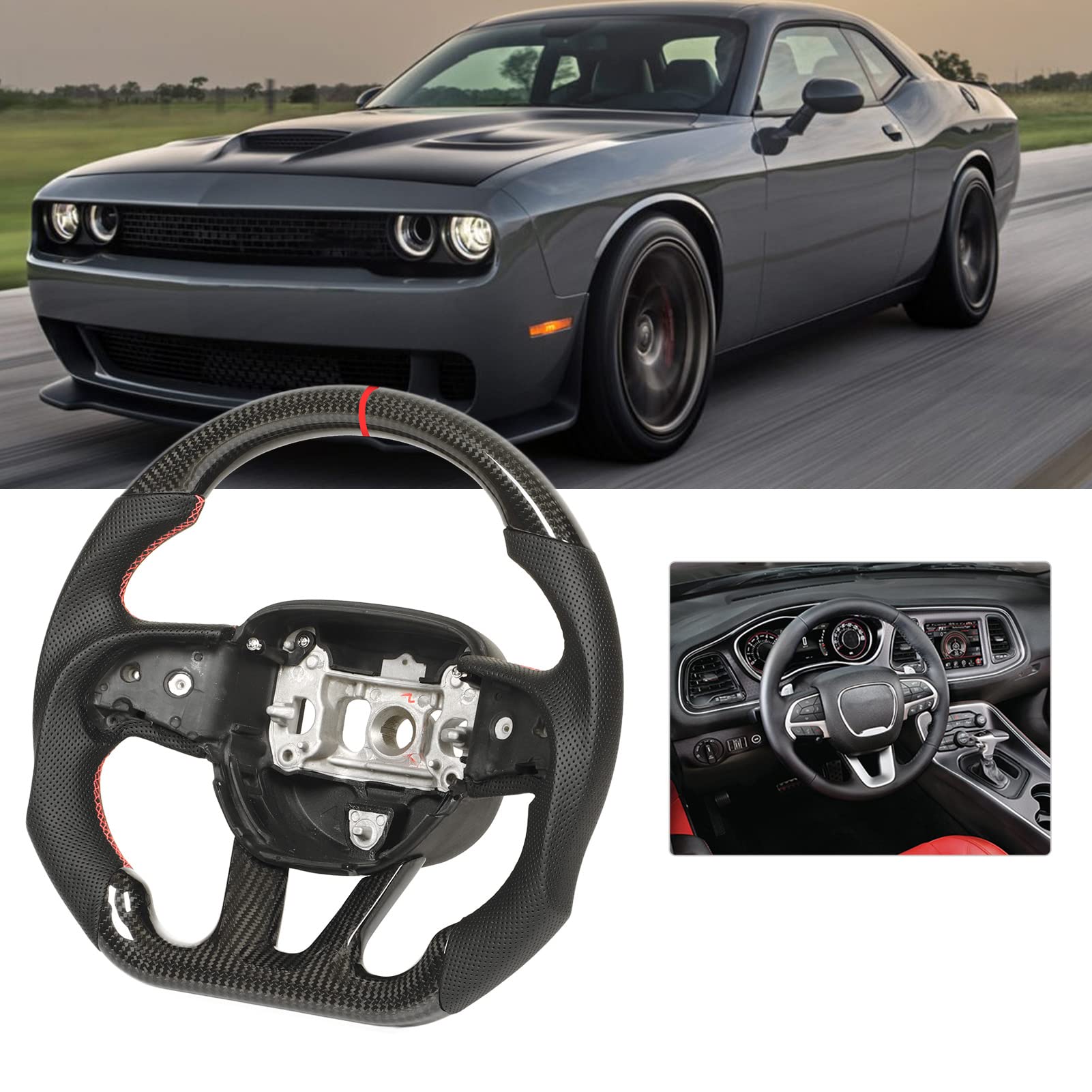 Dry Carbon Fiber Steering Wheel, Dry Carbon Fiber Steering Wheel Perforated Leather Replacement for HELLCAT 2015 2022
