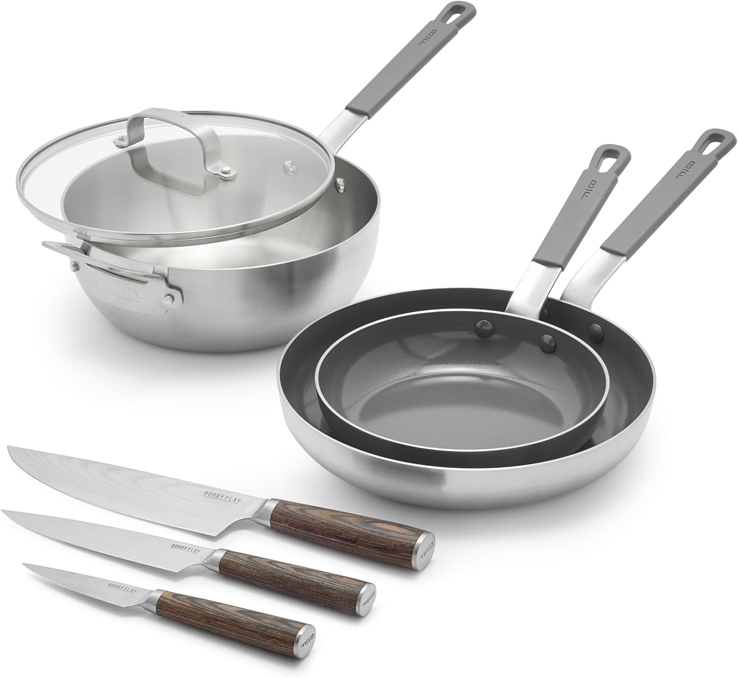 GreenPan x Bobby Flay Stainless Steel 3.75QT Saucepan with Glass Lid, 8” and 10” Frying Pan Skillet Set and 3-Piece Knife Set, Professional Grade Tri-Ply, Stainless Steel Blades, Induction Suitable