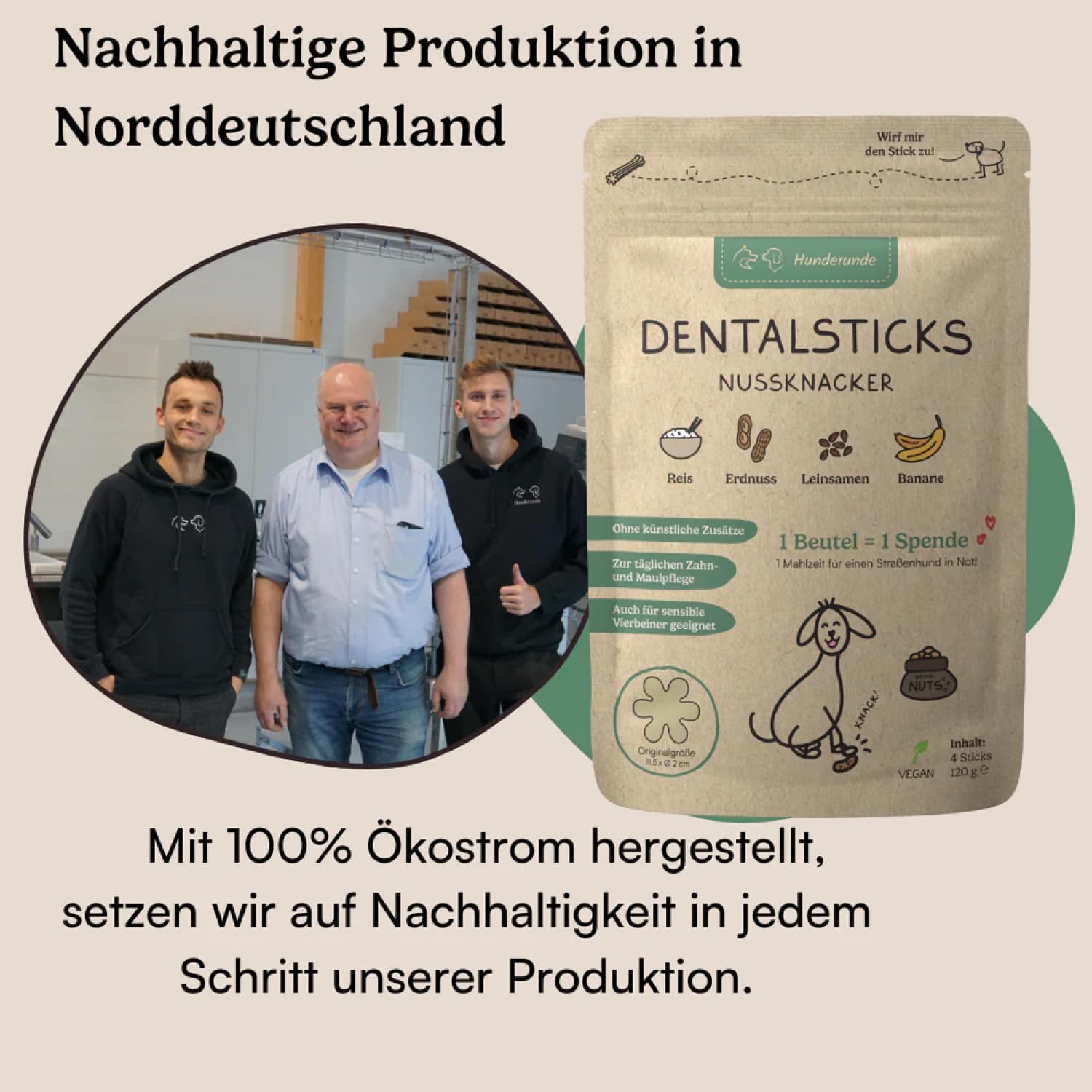 Hunderunde – Dental Sticks Nussknacker 63 STK – vegane Zahnpflege Kausticks für Hunde – mit Erdnuss & Banane – getreidefrei & ohne tierische Proteine – zur Plaque & Zahnsteinreduktion – Kausnack