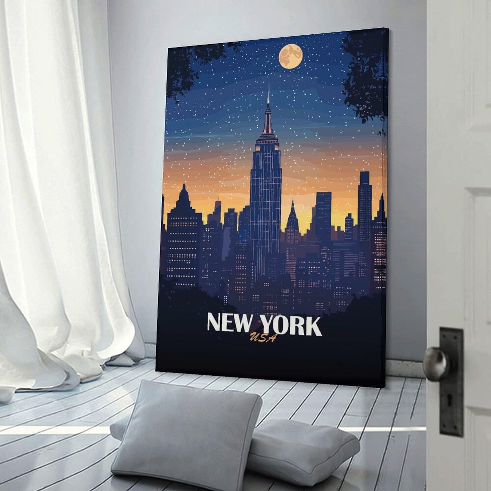 Junmoney Frame-Style-10 New York City Skyline At Night Decorative Wall Artwork, 20X30inch(50X75cm), For Corridors, Hallways Or Apartment Entries, Home Artwork For First Impressions