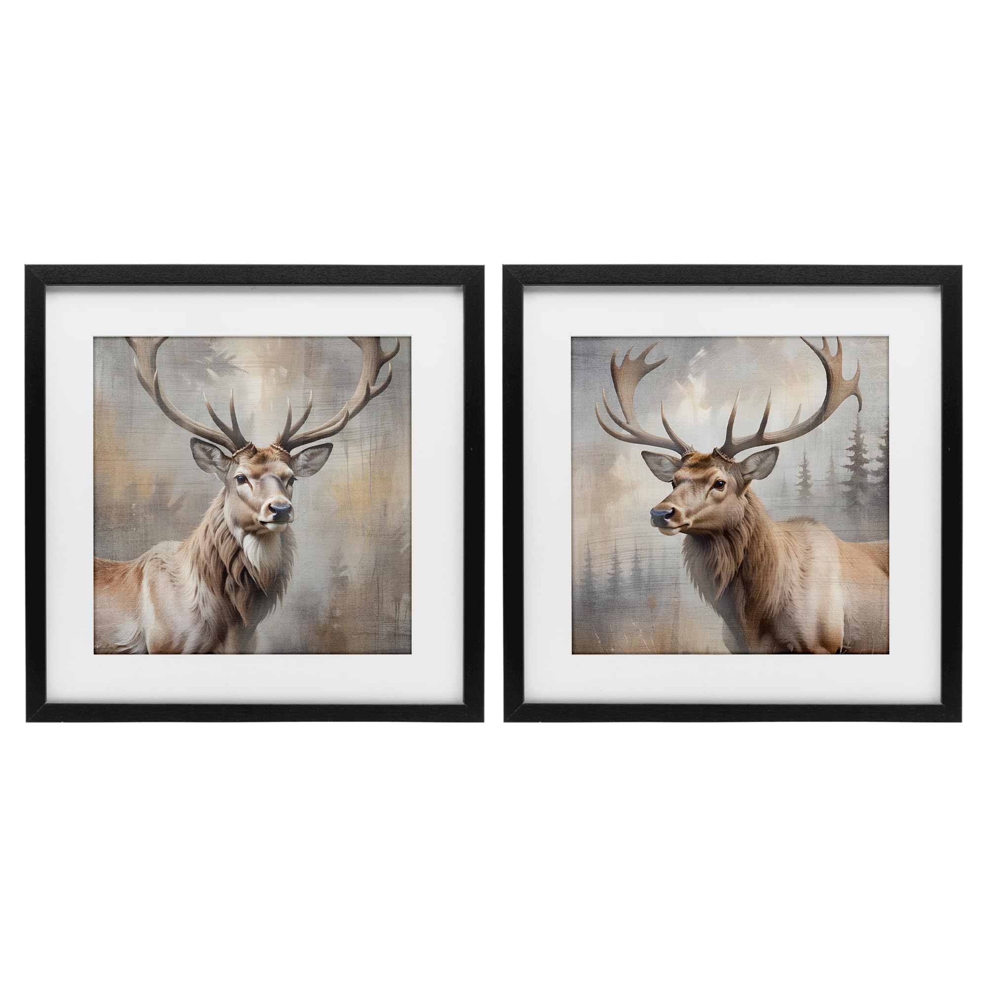 Stupell Industries Midnight Black (Textured) Glancing Forest Stags Rustic, 16 X 16 Inch Framed Print Under Glass Set