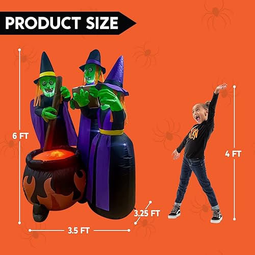 Miniatura 5 de Joiedomi Inflables de Halloween de 6 pies de alto con caldero de tres brujas alrededor de la llama con luz de llama, decoración al aire libre con
