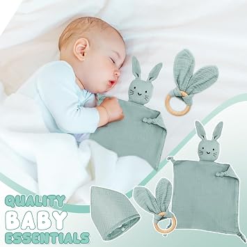 Baby Gift Boy Girl Newborn Gift Set Baby Gifts 3 Pieces Gifts for Birth with Cuddly Cloth Rabbit and Teether Wooden and Bib Baby for Newborn Baby Shower Things (Mint)