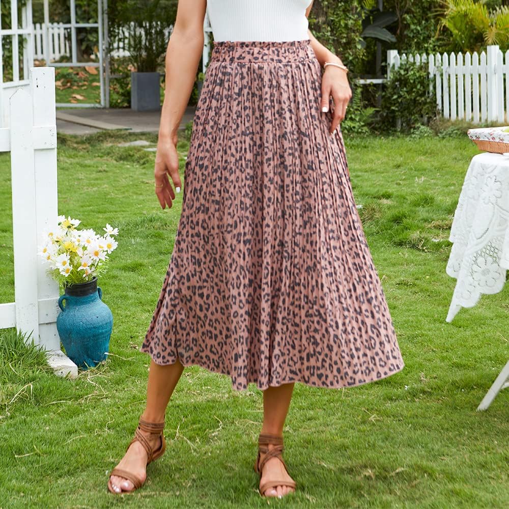 EXLURA Womens High Waist Polka Dot Pleated Skirt Midi Swing Skirt with Pockets Pink-Leopard - Image 2