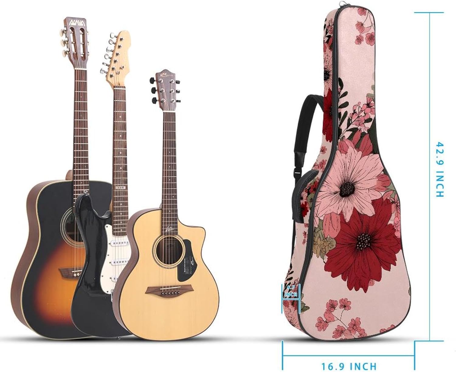 40 41 42 Inch Acoustic Guitar Bag, 0.4 In Thick Sponge Padded Guitar Case Gig Bag with Back Hanger Loop and 2 Pockets, Pink Red and Sage Green Flowers