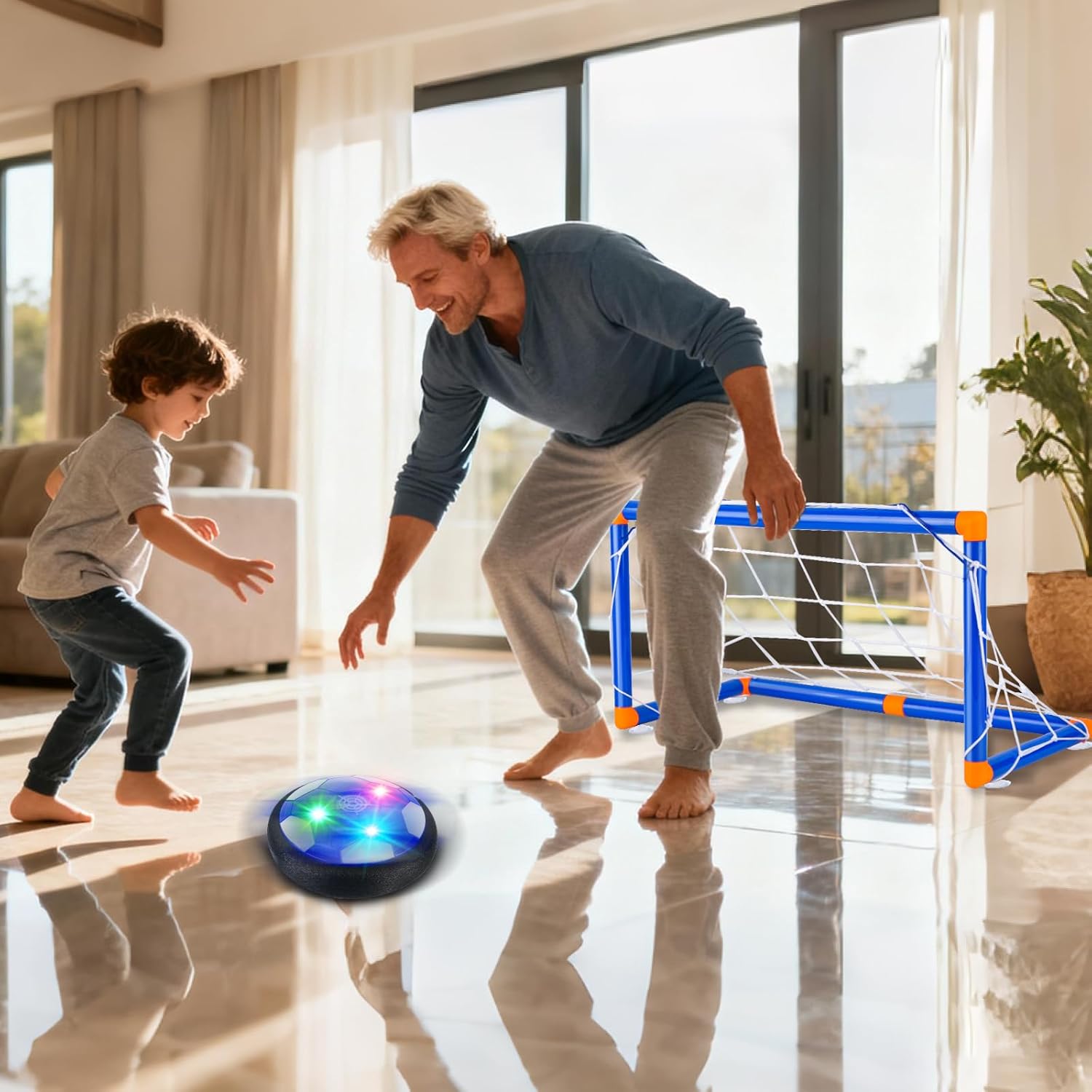 4-in-1 Hover Soccer Ball Hockey & Bowling Set, LED Air Floating Sports Toy for Indoor Outdoor Play for Kids Ages 3-12, Birthday for Boys Girls Toddlers