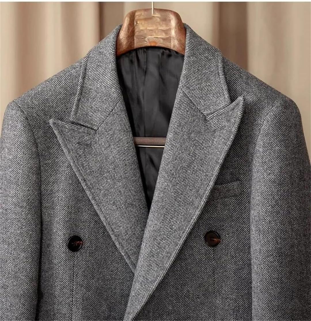 Men's Slim Fit Double-Breasted Overcoat Classic Mid-Length Jacket With Notched Lapel Wool Pea Coat