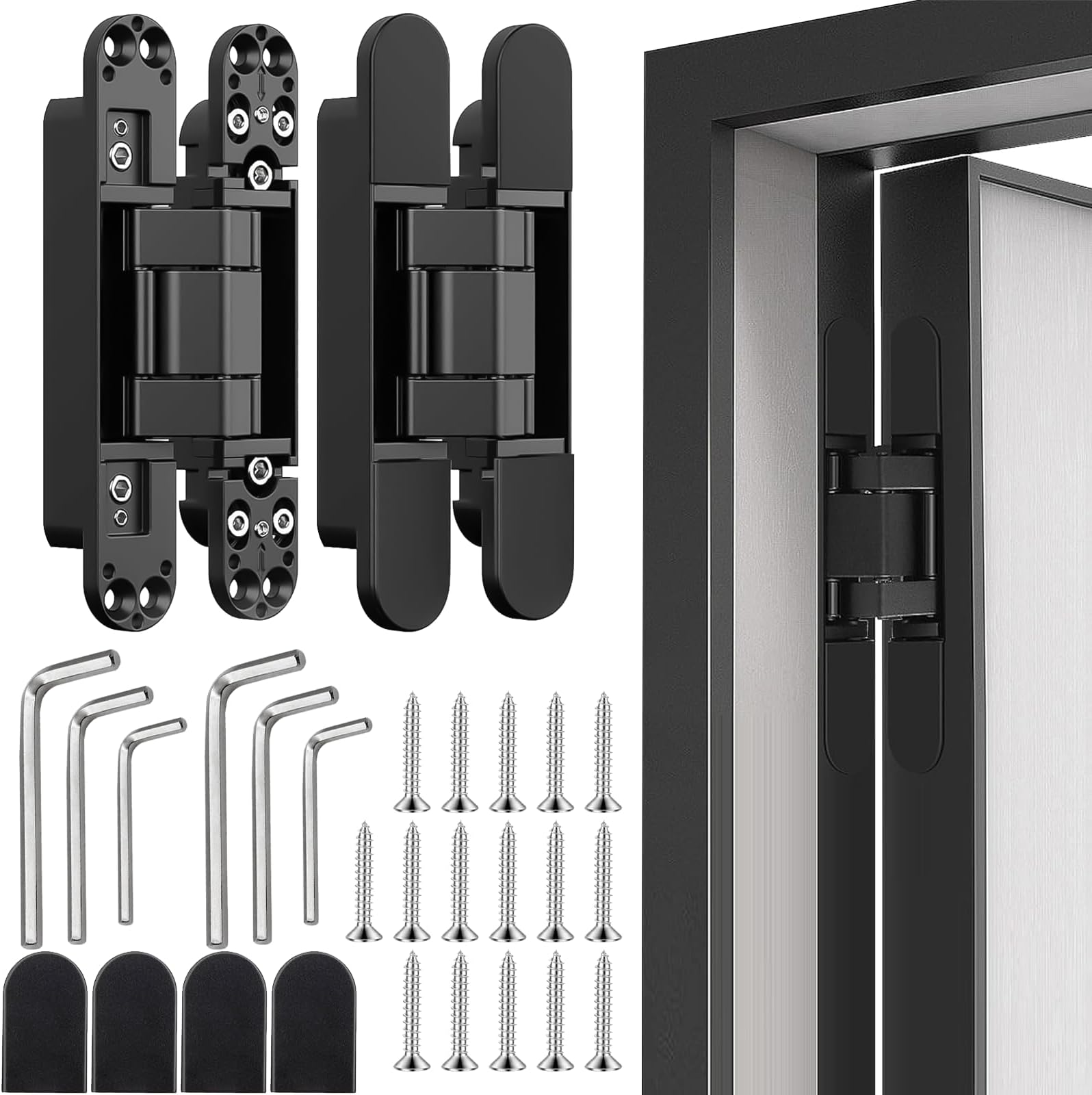 Pacify 2 Set 6" Hidden Door Hinges Upgraded Invisible Door Hinge Heavy Duty Concealed Hinges Adjustable 180 Degree Swing Outswing 3D Hinges with Capacity up to 88lb (2 Pack Black-6Inches)